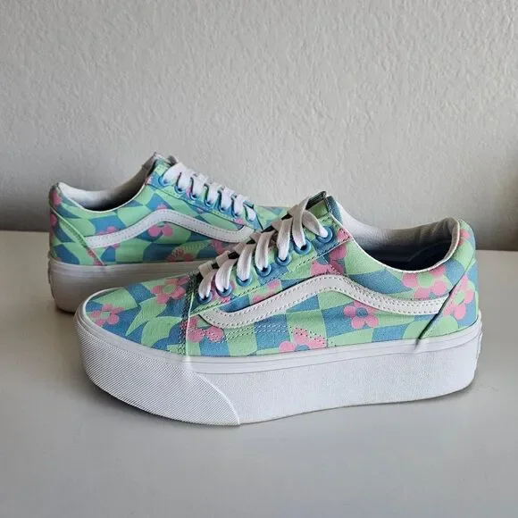 Vans | Old Skool Stacked Checkered Floral Blue Platform Shoes, Womens 9 - Picture 4 of 11